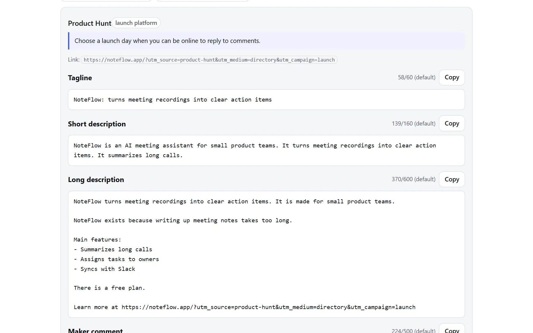 The Launch Kit showing texts written for Product Hunt with character counters and copy buttons.